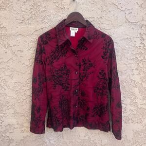 Coldwater Creek Embroidered Mesh Overlay Button Up Blouse Burgundy Medium